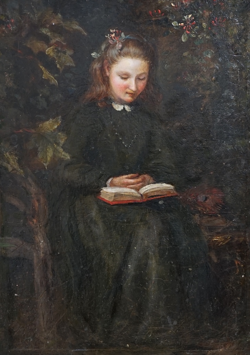 Pre-Raphaelite, oil on board, Study of a girl reading beside a peacock feather, indistinctly inscribed in ink verso, 32 x 42cm, gilt frame. Condition - fair, evidence of retouching